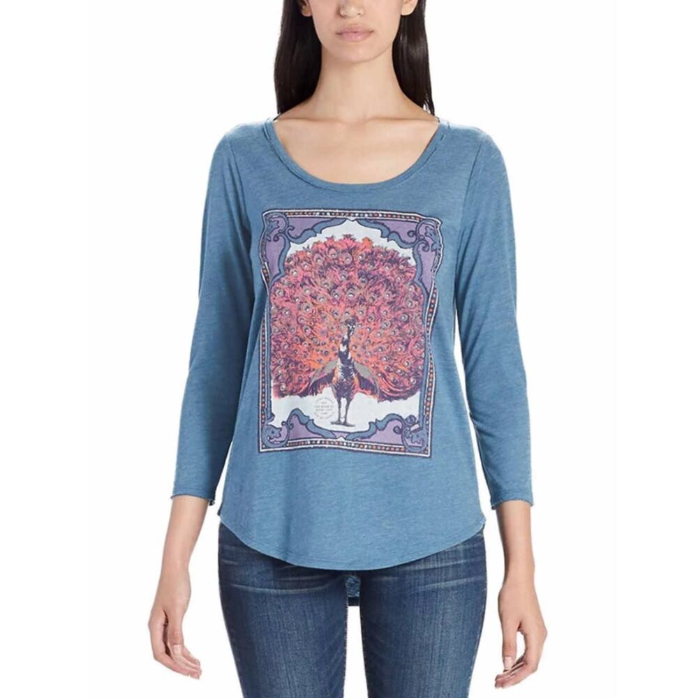 Lucky Brand Women's Peacock 3/4‎ Sleeve Scoop Neck Graphic Shirt Size M Blue Red